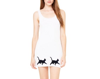 white and black cat tank dress, cat shirt, cool cat tee, cat silhouette, hipster shirt, teen girl, gift for cat lover, crazy cat lady