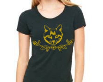 gold floral cat on emerald green tee, graphic cat tee, cat t-shirt, gift for cat lover, crazy cat lady, cat shirt, gift for teen daughter