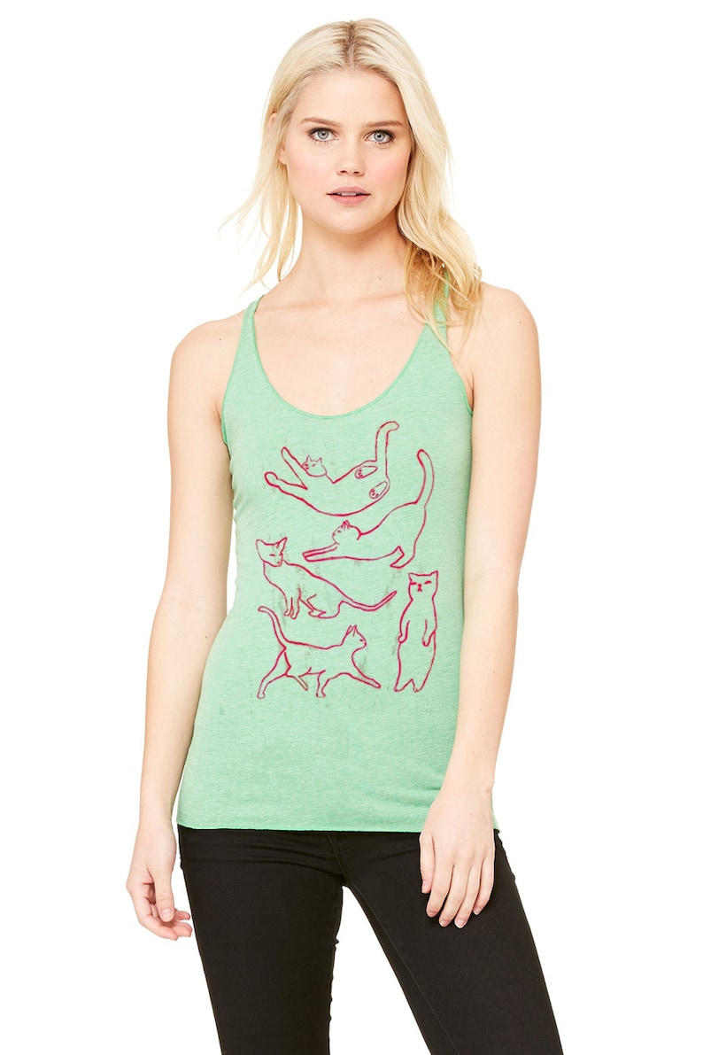 May include: A green tank top with a red outline of five cats in different poses. The cats are stacked on top of each other.
