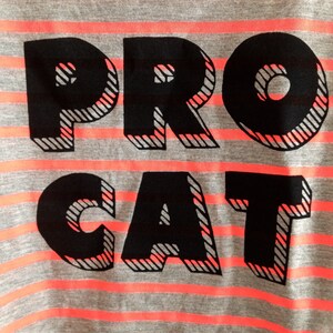 Op de afbeelding: Gekropt shirt met grijze en roze strepen en zwarte tekst die "PRO CAT" luidt.