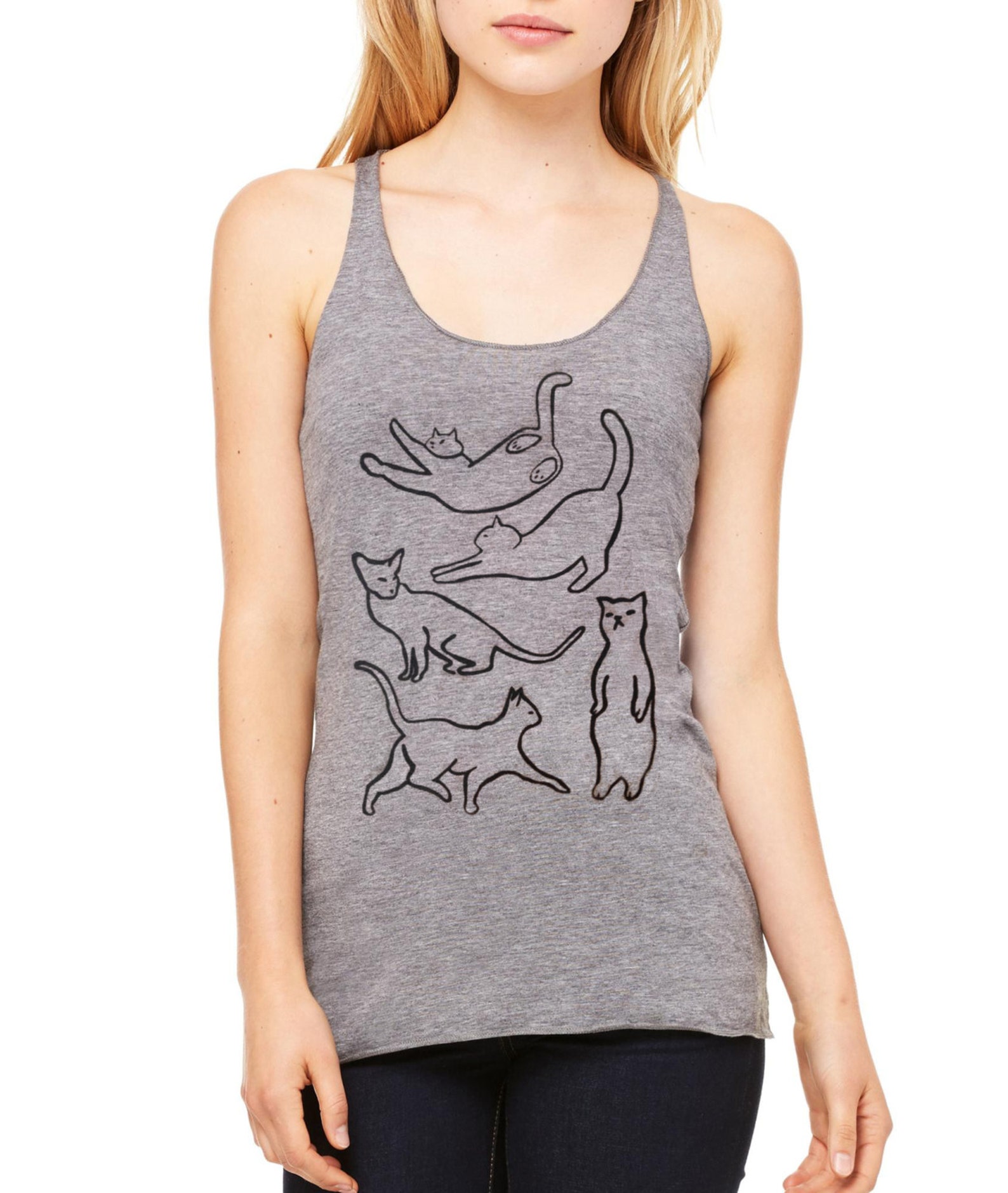 Gray Racerback Tank Top Black Cat Tank Top Tshirt Yoga Etsy