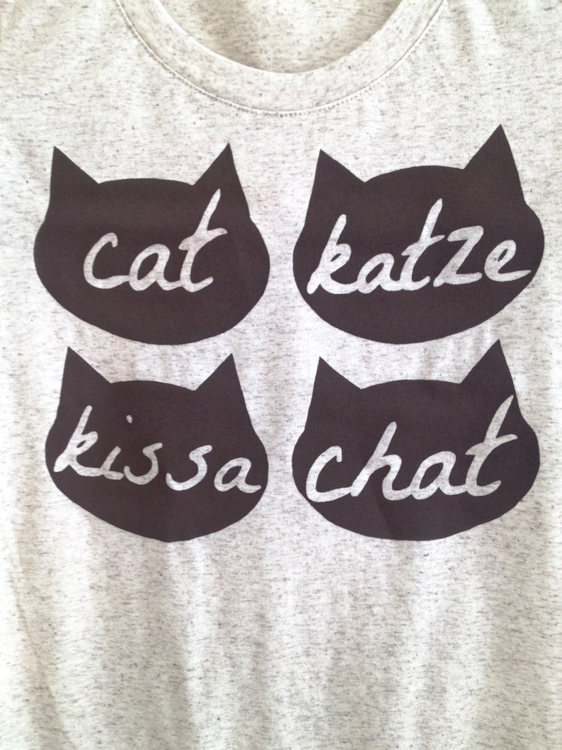 SIZE XL, cream tan brown cat shirt, multi language, le chat, funny shirt, gift for cat lover, crazy cat lady, teen girl, hipster, tee shirt image 3