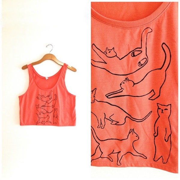 salmon and black cat silhouette tank top, sleeveless blouse, hipster shirt, yoga clothes, crazy cat lady, gift for at lover, teen girl