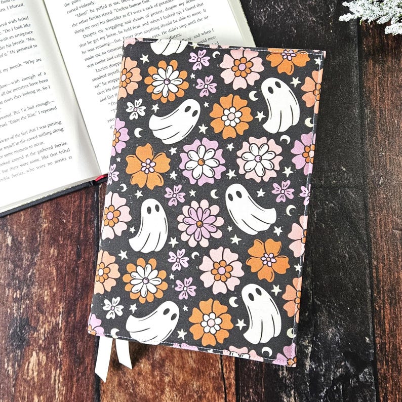 Retro Floral Ghost Book Cover, Groovy Flowers Reusable Dust Jacket, Bookish Gift, Adjustable Covers image 1