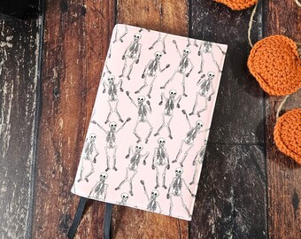 Pink Skeletons Book Cover, Gothic Reusable Dust Jacket, Bookish Gift, Adjustable Covers
