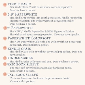 K&ouml;nnte beinhalten: Eine Tabelle listet verschiedene Kindle E-Reader-Modelle und die entsprechenden Buchh&uuml;llen-Gr&ouml;&szlig;en auf. Die Tabelle enth&auml;lt die Kindle Basic, Paperwhite, Paperwhite Colorsoft, Kindle Oasis, Kindle Scribe, 8x10 Book Sleeve und 9x11 Book Sleeve. Jedes Modell listet die Gr&ouml;&szlig;e des E-Readers und die Art der Buchh&uuml;lle auf, die passt.