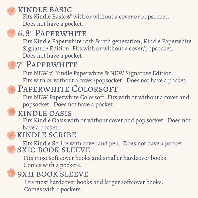 K&ouml;nnte beinhalten: Eine Tabelle listet verschiedene Kindle E-Reader-Modelle und die entsprechenden Buchh&uuml;llen-Gr&ouml;&szlig;en auf. Die Tabelle enth&auml;lt die Kindle Basic, Paperwhite, Paperwhite Colorsoft, Kindle Oasis, Kindle Scribe, 8x10 Book Sleeve und 9x11 Book Sleeve. Jedes Modell listet die Gr&ouml;&szlig;e des E-Readers und die Art der Buchh&uuml;lle auf, die passt.