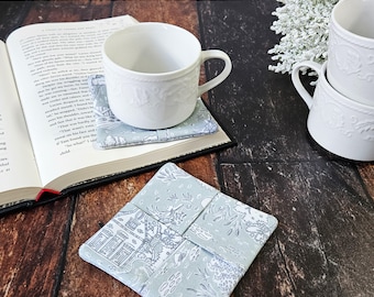 Toile De Jouy Fabric Coasters, Handmade Bookish Cloth Coaster, French Country Table Decor, Gift for Home, Tea Coffee Lover Gifts