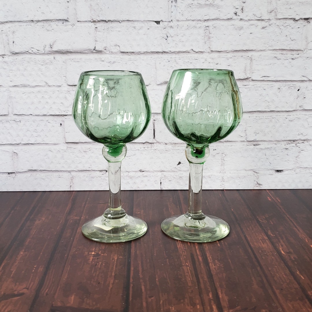 Blown Glass Goblet Set of 2 Green Mexican Wine Glasses Vintage Etsy