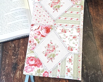 Pink Patchwork Book Cover, Vintage Floral Reusable Dust Jacket, Bookish Gift, Adjustable Covers