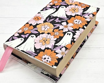Groovy Ghost Book Cover, Retro Floral Reusable Dust Jacket, Bookish Gift, Adjustable Covers