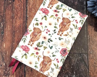 Boho Highland Cow Book Cover, Adjustable Book Sleeve, Reusable Dust Jacket, Bookish Accessories, Book Lover Gift, Gift for Reader