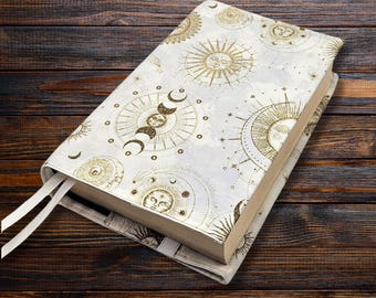 Celestial Gold Book Cover, Triple Moon Reusable Dust Jacket, Bookish Gift, Adjustable Covers