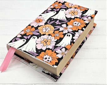 Adjustable Book Cover | Fabric Dust Jacket | Book Sleeve | Bookish Gift | Book Accessories | Padded Book Cover | Bible Cover | Pink Ghosts