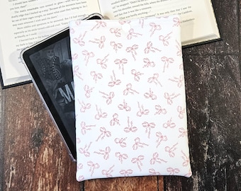 Delicate Pink Bows Kindle Sleeve, Book Lover Gift, E-Reader Case, Book Pouch, Bookish Gift, Coquette Cottagecore Sleeve for Books