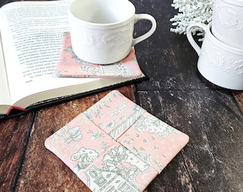 Toile De Jouy Fabric Coasters, Handmade Bookish Cloth Coaster, French Country Table Decor, Gift for Home, Tea Coffee Lover Gifts