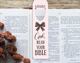 Marcapáginas «Niña, lee tu Biblia», regalo cristiano personalizado para lectoras, marcapáginas metálicos personalizados para amantes de la lectura.