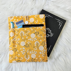 Yellow Floral Book Sleeve: Padded Cotton Book Protector with Pockets