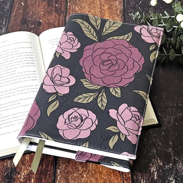 Bold & Dark Floral Book Cover, Plum Flowers Reusable Dust Jacket, Bookish Gift, Adjustable Covers