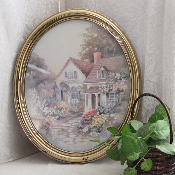 Vintage 1985 SYROCO WALL ART 22-Inches High Framed Under Glass Pastoral Scene Country Garden Daisy Flower House Cottage Print Huge