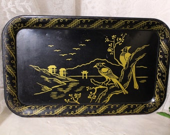 Vintage BLACK TOILE TRAY Platter 18-Inches by 11-Inches Metal Japan Birds Gold Painted Country Chic Decor Shabby Blue Jay Cardinal Finch