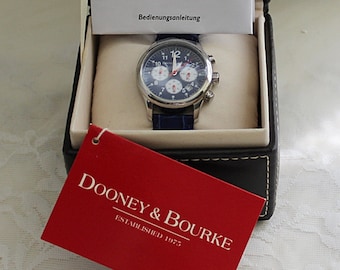 Rare Vintage DOONEY & BOURKE WATCH Designer Chronograph Original Box Paperwork  Womens Lady's Works New Old Stock Blue Dial S/S All Original