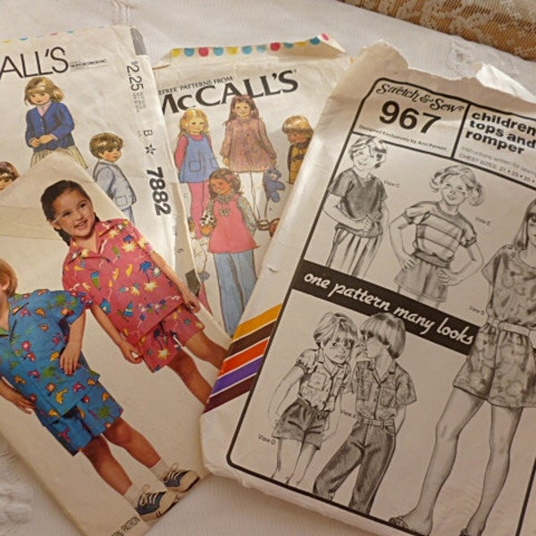 Vintage CHILDRENS PATTERNS LOT of Four, 1970s 1980s, McCalls, Stitch & Sew, Girls Boys Shirts Shorts Pants Jacket Dress Playsuit Summer