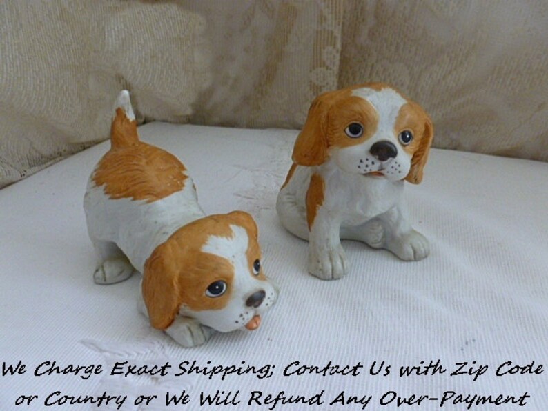 1970s 1980s Vintage HOMCO SPANIEL PUPPY Figurines Home Decor Retro Traditional Dog Canine Hunting Upland Set of Two Ceramic Porcelain
