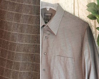 Vintage COTTON BLEND SHIRT Size 17 34 / 35 Extra Large Long Sleeve Check Windowpane Dress Business Casual Prep Dark Taupe White Work School