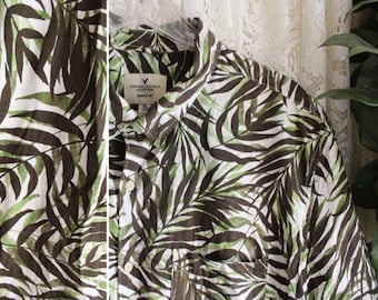 Vintage COTTON HAWAIIAN SHIRT Size 2X xxl to 1X Short Sleeve Black Green White Fern Palm Tiki Jungle Work School Hardly Worn Beach Casual