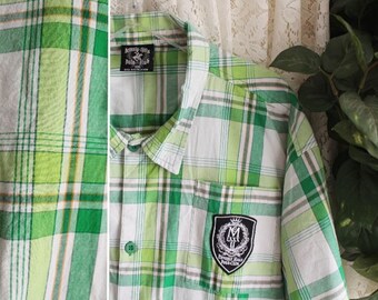 Vintage 1982 BEVERLY HILLS POLO Club Shirt Size xxl 2X 100-Percent Cotton Gently Worn Business Date Casual Green White Gold Short Sleeve