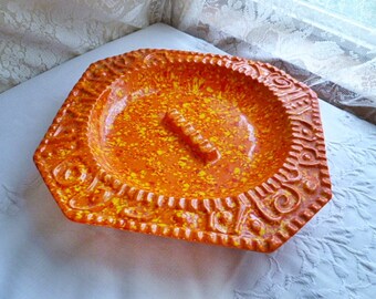 Vintage 1950s 1960s ORANGE SPECKLED ASHTRAY, Mid Century, Orange, Yellow, Atomic, Space Age, Ceramic, Orange Peel, 12-Inches x 11 1/2-Inches