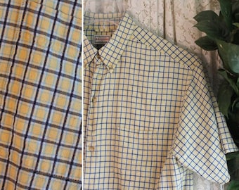 Vintage COTTON MENS SHIRT 18 Extra Large xl to Large Hardly Worn Yellow Blue White Tattersall Check Short Sleeve Casual Business