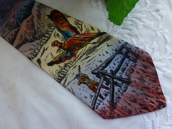 Vintage HANDPAINTED SILK NECKTIE 40s 50s Pheasant… - image 1