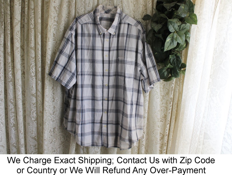 Vintage SHORT SLEEVE SHIRT Size 3X 4X 54-56 Easy Care Cotton Blend Gray White Plaid Button Down Collar Prep Office Business Casual image 2