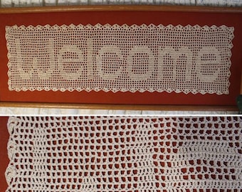 Vintage 1930s FILET CROCHET WELCOME 35-inches x 13-inches w/ Backing & Hand Crafted Wood Frame Signed