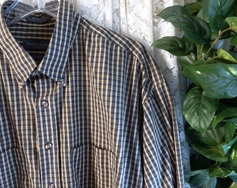 Vintage COTTON MENS SHIRT Size Extra Large 17 / 17 1/2 Windowpane Check Van Huesen School Dress Business Prep Casual Campus Date Long Sleeve