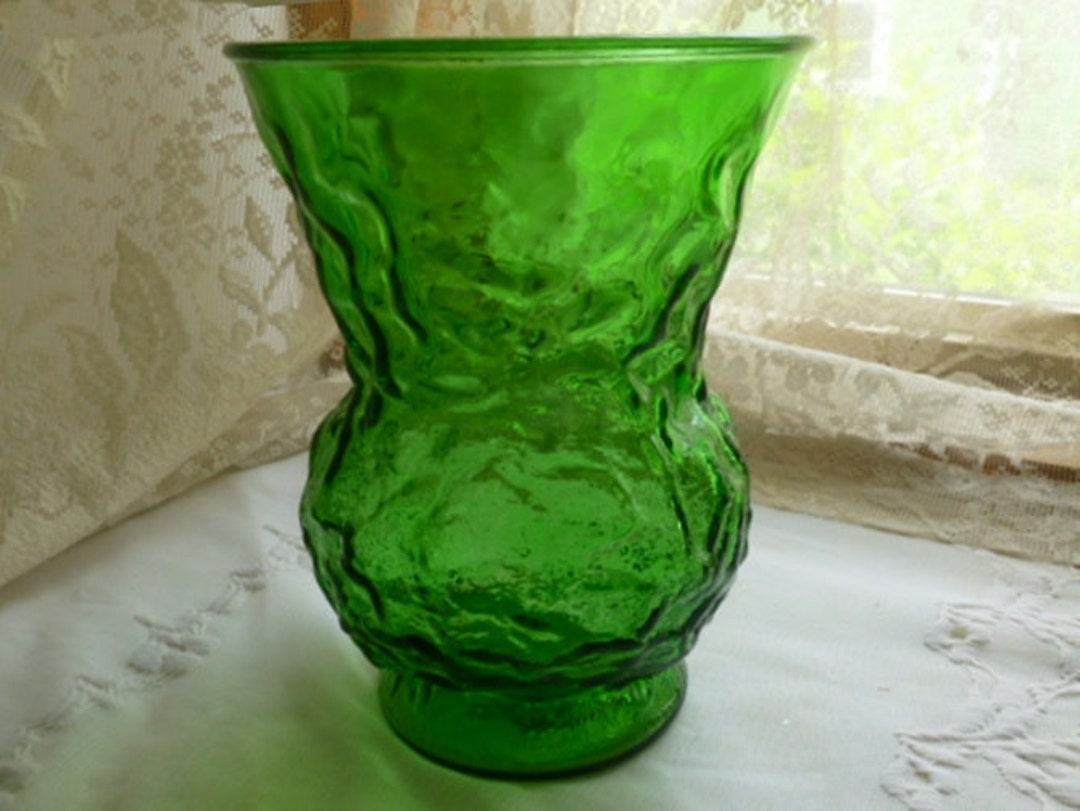 Vintage GREEN BUBBLE GLASS Vase, 40s 50s 60s Style, Mid Century