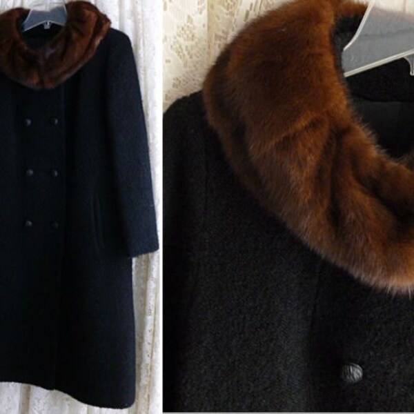 Vintage 50s 60s MINK SWING COAT, Black Loopy Wool, Lush Genuine Auburn Mink Collar Size Small to Medium. Mad Men Mid Century Glam Hollywood