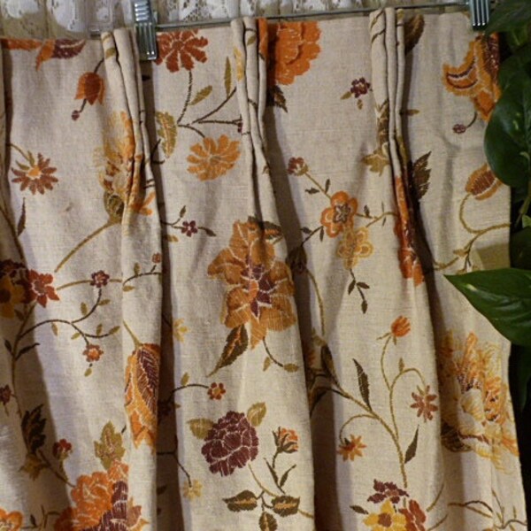 Vintage 1960s MID CENTURY DRAPES Heavy Barkcloth Style 2 Panels @ 54 W x 64 L Floral Cream Brown Orange Yellow Autumn Atomic Mad Men Space