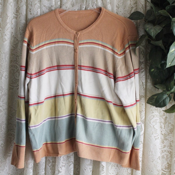 Vintage STRIPED COTTON SWEATER Ladies Size Medium to Large Cardigan Cropped Coral Turquoise Aqua Yellow Tan Red Purple Ivory