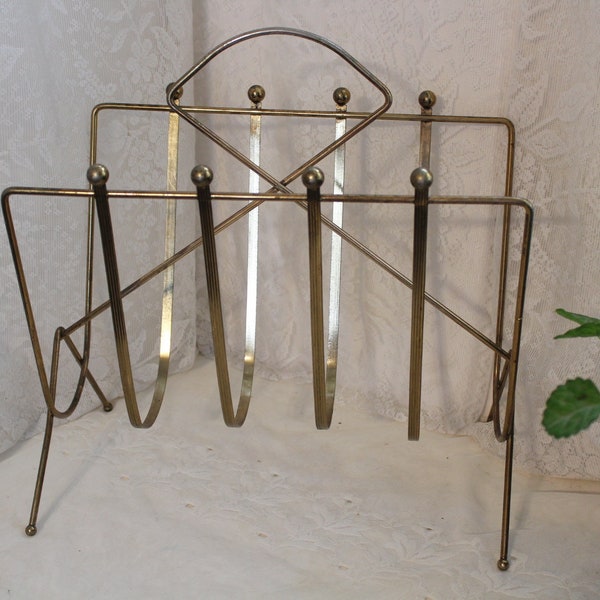 Vintage MCM MAGAZINE RACK 16-Inches High Ball & Wire Clothespin Style Gold Style Finish Mid Century Modern Atomic Space Age Mad Men 1960s