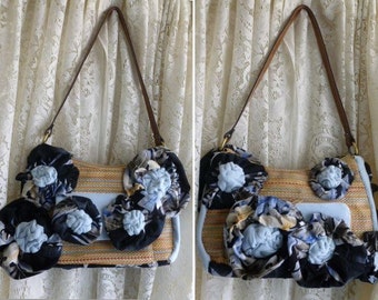 OOAK SHOULDER BAG Purse Tote Recycled Up-cycled Altered, Hand-Created & Hand-Sewn Ocean Beach Sea Hawaiian Lei Wover Straw Style Scupture