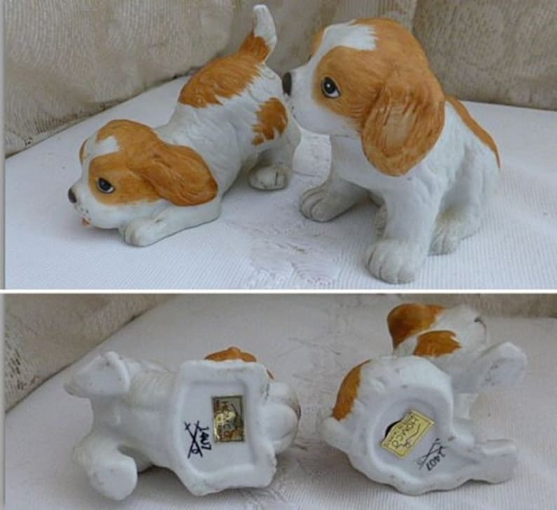 1970s 1980s Vintage HOMCO SPANIEL PUPPY Figurines Home Decor Retro Traditional Dog Canine Hunting Upland Set of Two Ceramic Porcelain