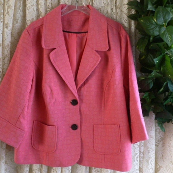 Vintage 3X 4X CROPPED JACKET SWING Style Brocade Style 2-Button Front Work Casual Dress Dinner Fully Lined Plus 40s 50s Inspired Salmon Pink