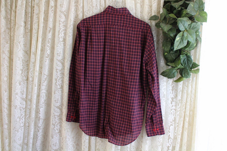 Vintage MENS LONG SLEEVE Shirt, Size Large 46-Inch Chest, Easy Care, Checked, Red Berry Navy Gray Check Plaid, Cotton Blend Work School image 5