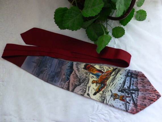 Vintage HANDPAINTED SILK NECKTIE 40s 50s Pheasant… - image 3