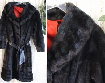 Vintage FAUX MINK BELTED Fur Coat Jacket Size Small Gently Worn 5-Inch Tuxedo Collar 1960s 1970s