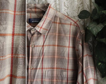 Vintage SHORT SLEEVE SHIRT Extra Large xl or Large Mens 100-Percent Cotton Plaid Orange Cream Beige Prep Office Business Casual