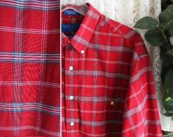 Vintage MENS LONG SLEEVE Shirt, Size Large 48-Inch Chest, Easy Care, Checked, Red Berry White Gray Check Windowpane Cotton Blend Work School